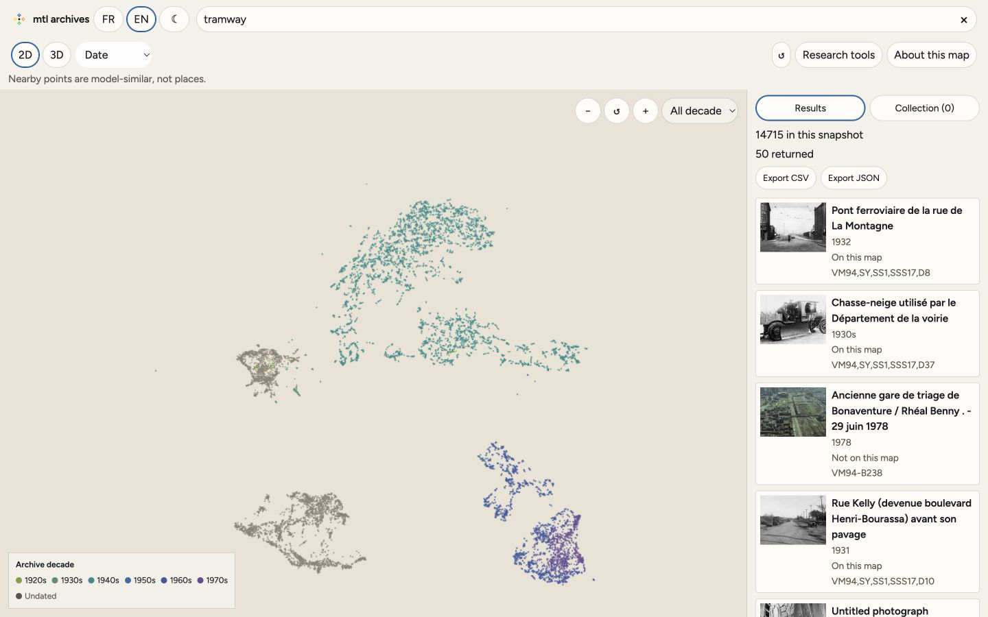 MTL Archives Explorer research workspace in light theme, with a query, a date-colored 2D image map, and a results list on the right