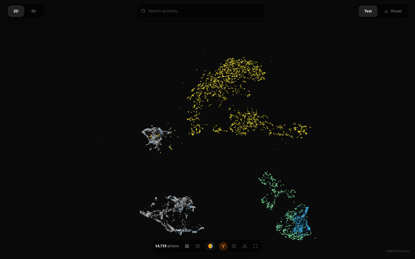 Screenshot of the MTL Archives Explorer: a dark canvas with historical photographs plotted as coloured points forming several clusters, with a search bar above.