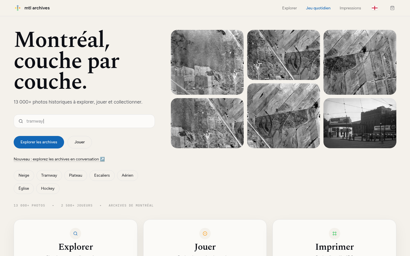 Screenshot of the MTL Archives homepage: the headline “Montréal, couche par couche”, a search field, and a grid of historical aerial photographs of Montréal.